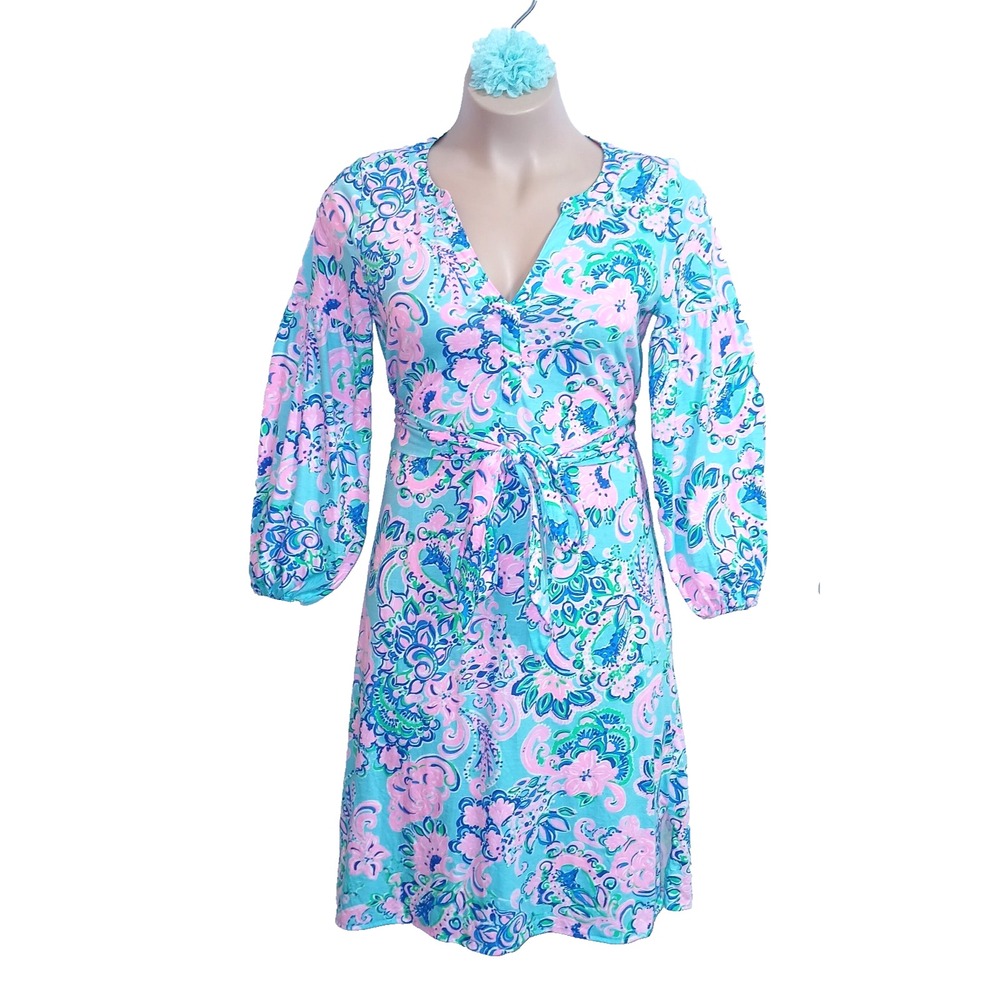 Lilly Pulitzer Kierna Knee Length Dress L Blue Horizon Jungle Sunrise 009464